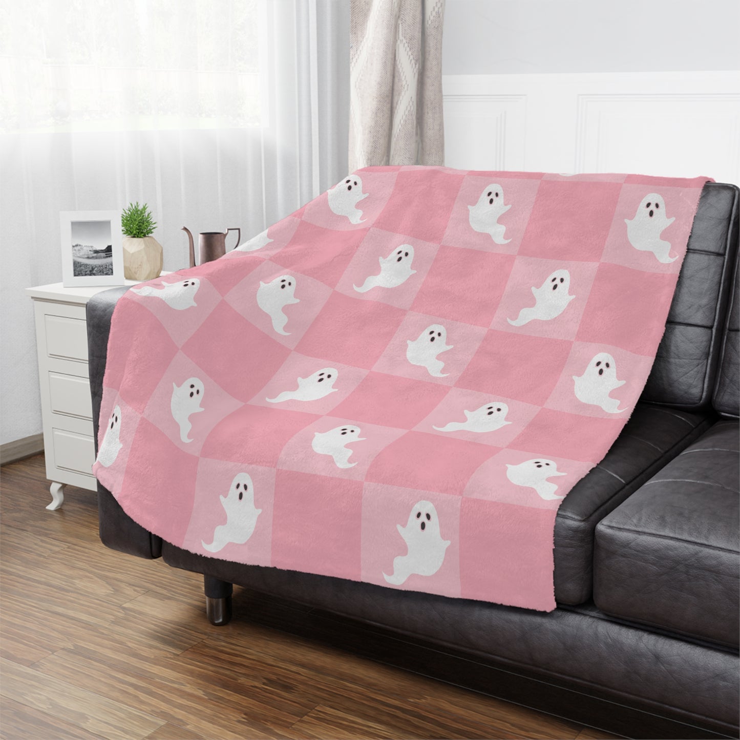 Large Pink Checkered Ghost Fleece Microfiber Blanket